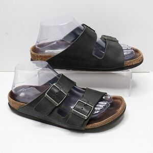 Birkenstock Black Leather Slip On Double Strap Sandals Shoes Sz 38, 7 7.5 SEE